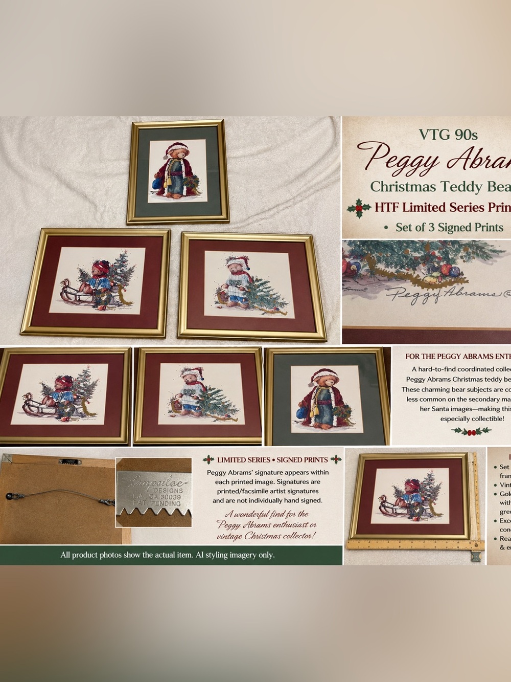 VTG 90s Peggy Abrams Signed Christmas Teddy Bears HTF Limited Series 3 Prints